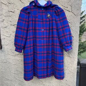 Plaid Kids Coat with Brooch - Blue and Red